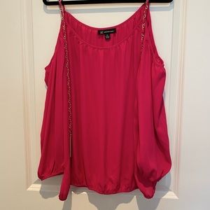 Hot pink cold shoulder party top with gold chain accent